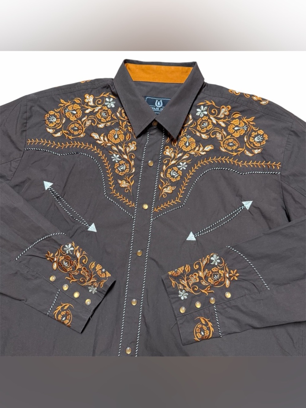 Salvaje Oeste Saddle Brown Western Floral Embroidered Pearl Snap 2XL Cowboy